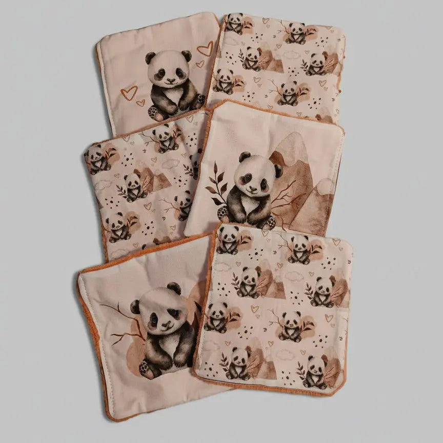 
✏️ "Lot de 6 lingettes lavables en coton et bambou certifiées Oeko-Tex avec motif panda - Format 12x12 cm"